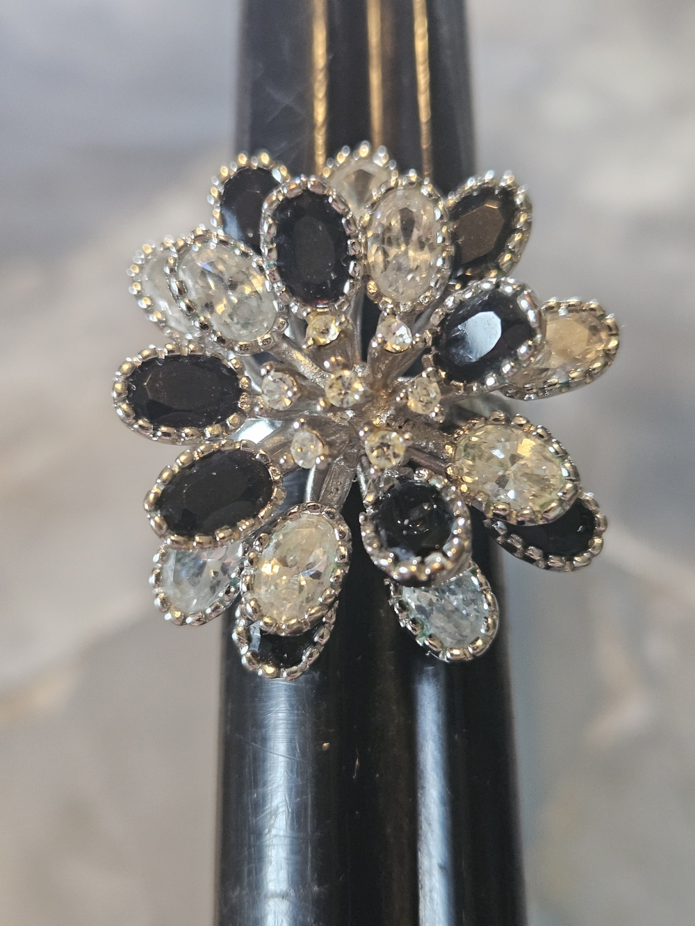Silver-Tone Black and Clear Crystal Flower Ring